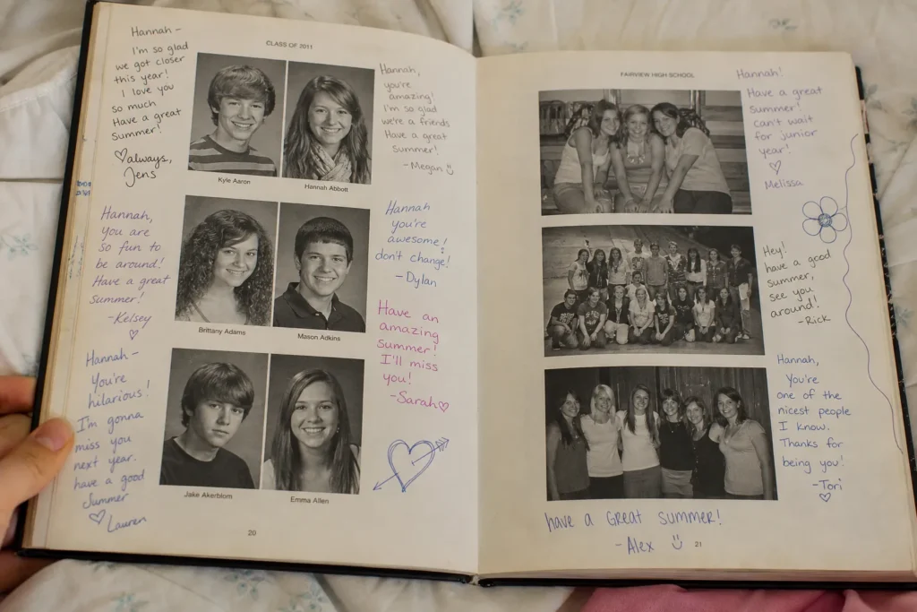 an-open-yearbook-real-pages-handwritten-notes