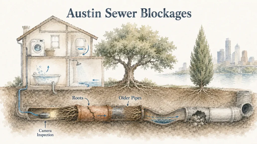 What causes sewer line blockages in Austin