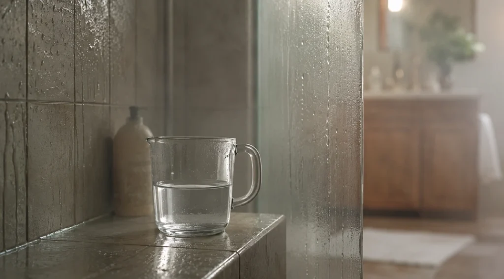 A ten-minute shower puts this much water into the air of a small room. It doesn't vanish when you towel off - it settles, and the vanity is where it lands