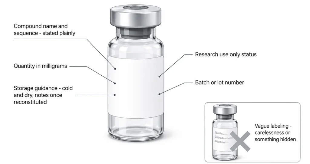 Annotated diagram of a complete research vial label beside a vague incomplete one
