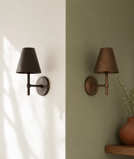 Bronze sconces shown against a crisp white wall and a sage green wall, standing out on one and blending on the other