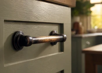 Close-up of an oil rubbed bronze handle with the grip point worn lighter from daily use