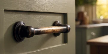 Close-up of an oil rubbed bronze handle with the grip point worn lighter from daily use