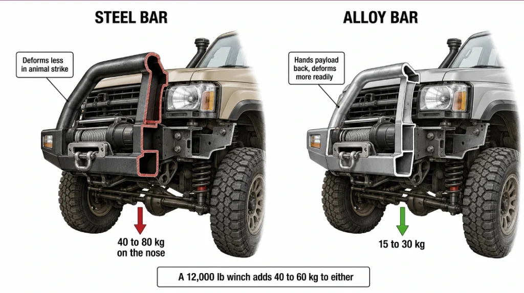 Cutaway comparing steel and alloy bull bar weights and their load on a 4WD front axle