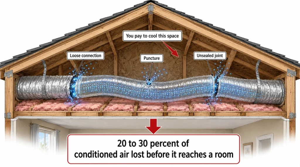 Cutaway illustration of attic ductwork leaking conditioned air through gaps and joints
