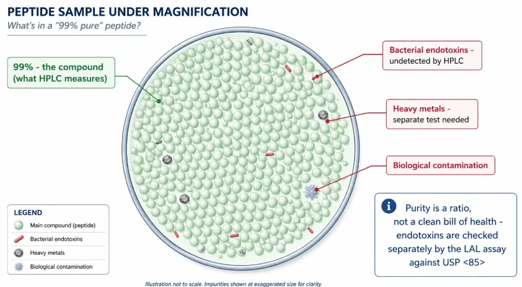 Cutaway of a sample showing 99 percent pure compound alongside endotoxins and heavy metals HPLC does not detect