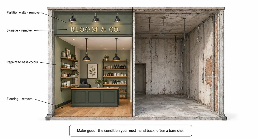 Cutaway showing a fitted commercial shop on one side and the bare shell it must be stripped back to on the other