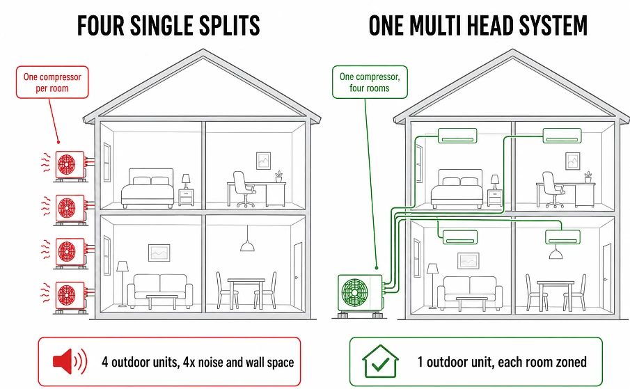 Diagram comparing four separate AC outdoor units against one multi head split compressor serving four rooms
