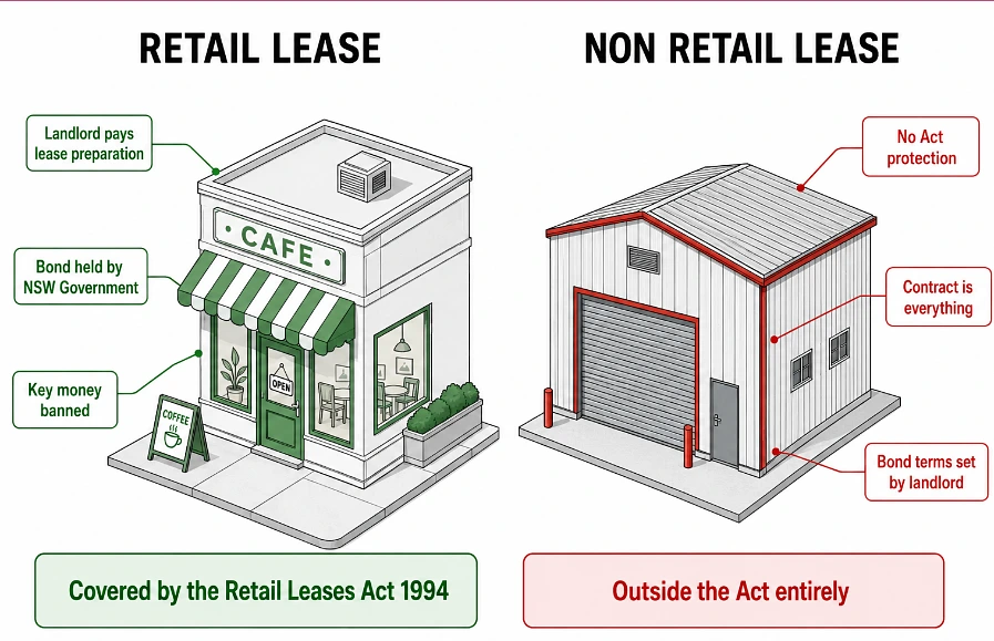 Diagram comparing statutory protections for retail leases against unprotected warehouse and office leases in NSW