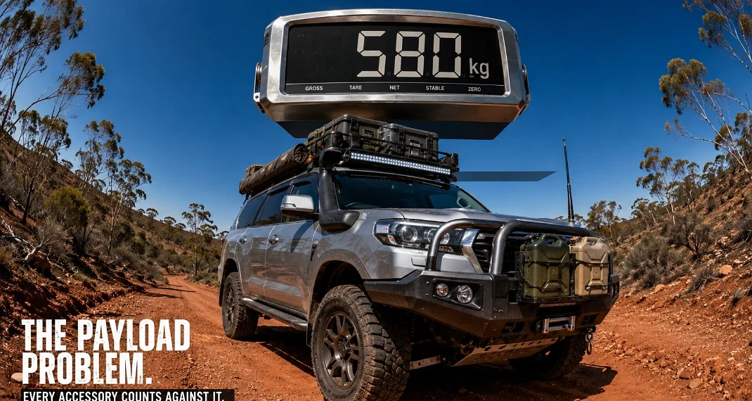 Fisheye outback track scene with a loaded 4WD under a giant floating scale reading 580 kg