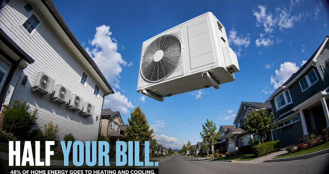 Fisheye street view with a giant AC compressor floating in the sky and the headline Half Your Bill