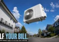 Fisheye street view with a giant AC compressor floating in the sky and the headline Half Your Bill