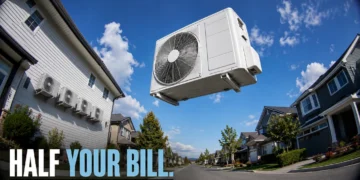 Fisheye street view with a giant AC compressor floating in the sky and the headline Half Your Bill