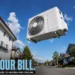 Fisheye street view with a giant AC compressor floating in the sky and the headline Half Your Bill