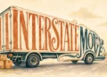 Hand-lettered illustration of the words Interstate Move shaped into a removalist truck on a road