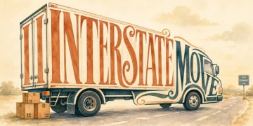 Hand-lettered illustration of the words Interstate Move shaped into a removalist truck on a road