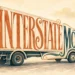 Hand-lettered illustration of the words Interstate Move shaped into a removalist truck on a road