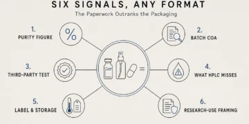Hub-and-spoke diagram of six research peptide quality signals applied equally to vials, sprays and capsules