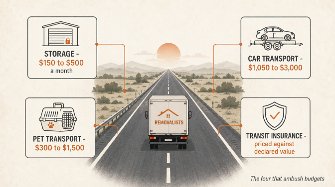 Infographic of a highway with four cost blocks for storage, car transport, pet transport and insurance