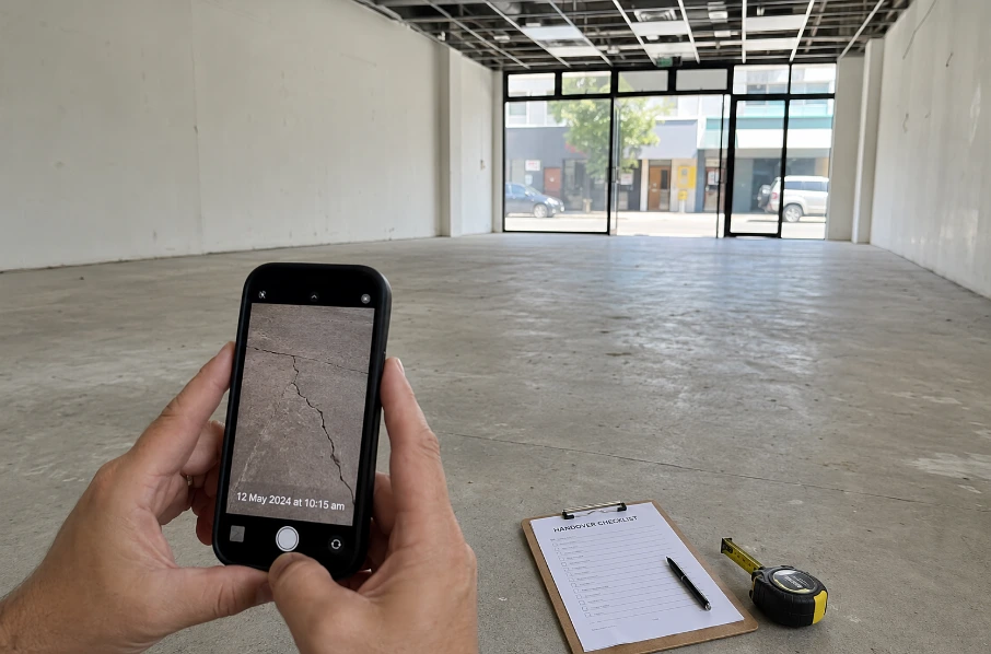 Person photographing floor damage in an empty commercial space to document its condition before moving in