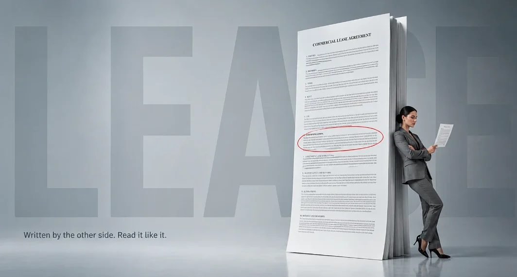 Surrealist poster of a businesswoman leaning against a giant lease contract with one clause circled in red