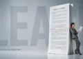 Surrealist poster of a businesswoman leaning against a giant lease contract with one clause circled in red