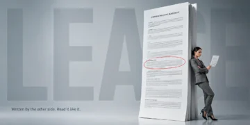 Surrealist poster of a businesswoman leaning against a giant lease contract with one clause circled in red