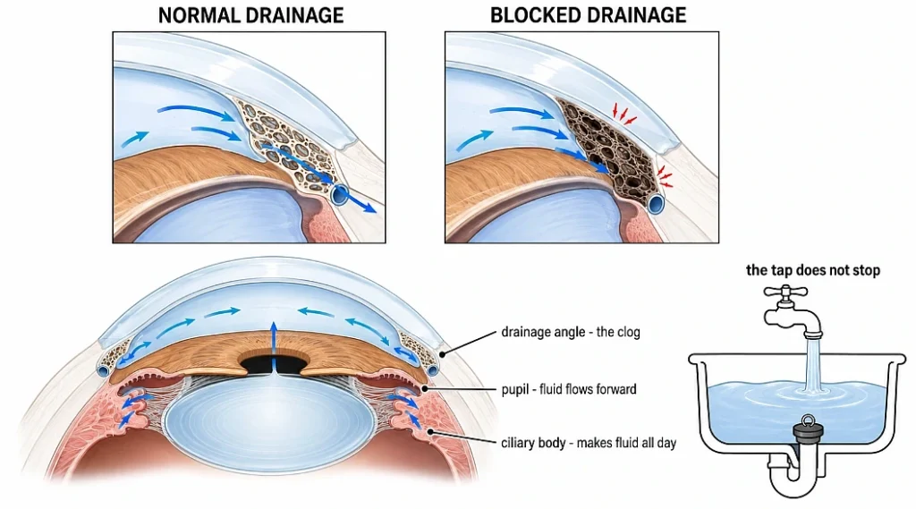 The eye makes fluid all day glaucoma is the drain closing while the tap keeps running