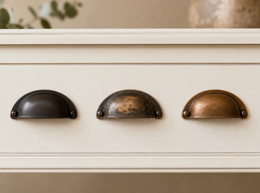 Three bronze pulls showing patina stages from new through the uneven middle phase to fully aged