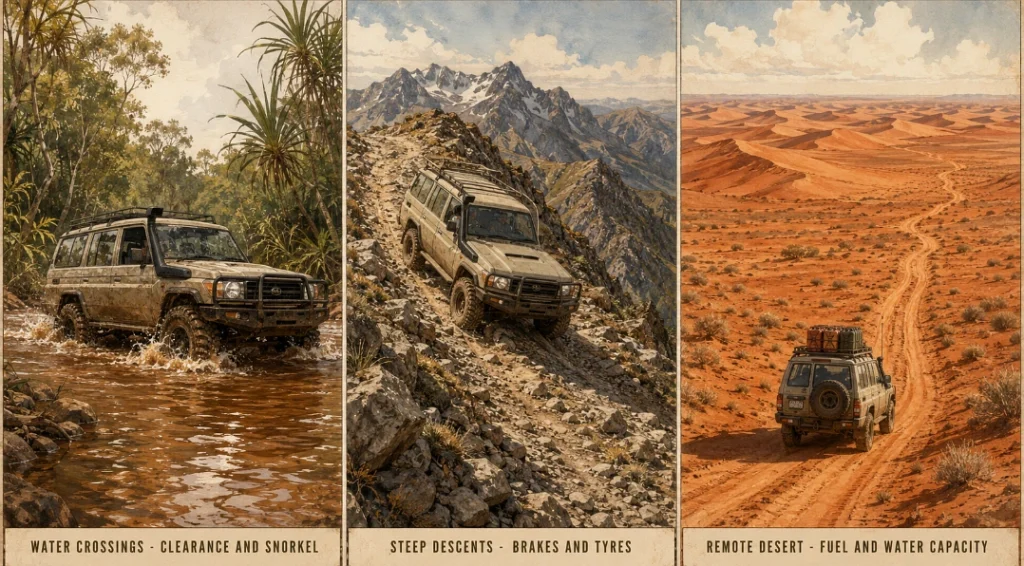 Three-panel illustration of a 4WD in creek crossing, alpine descent and desert track, each labelled with its gear priority