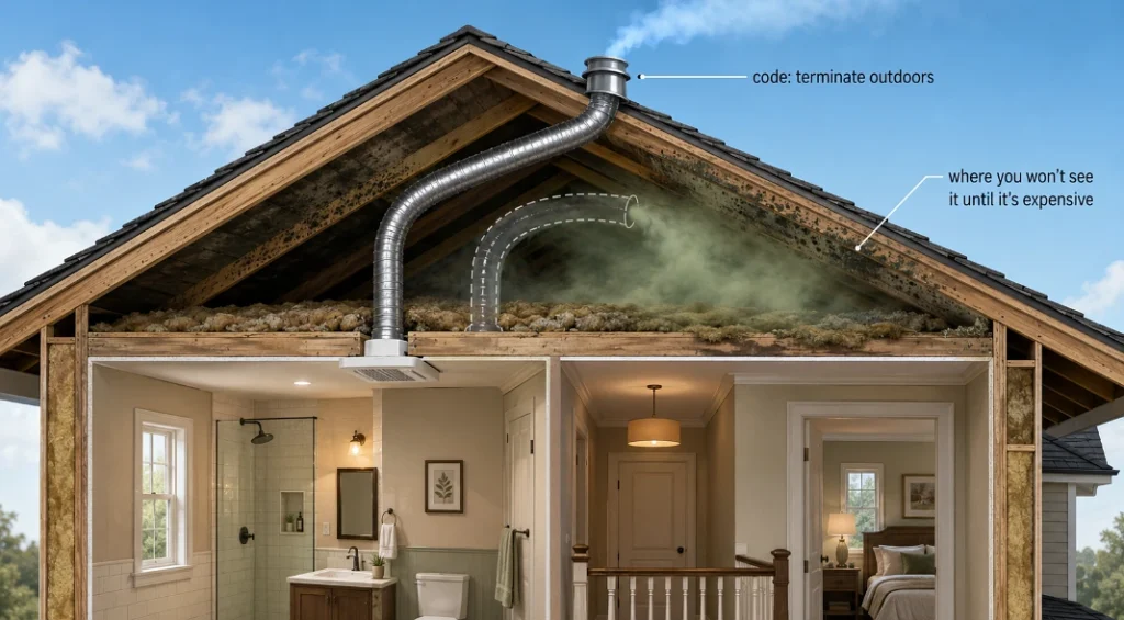 Venting into the attic is worse than no fan at all - the moisture problem doesn't leave the house, it just relocates to the framing and insulation, where it works unseen