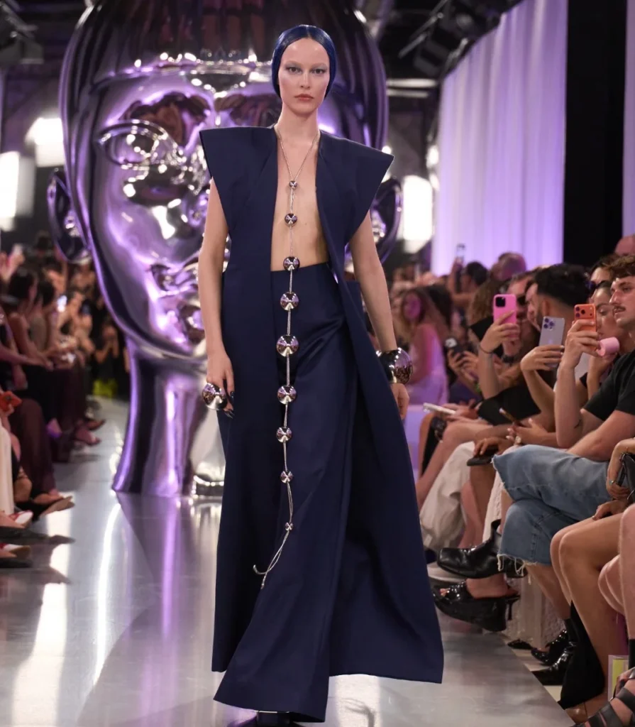 Navy floor-length vest with silver spherical body