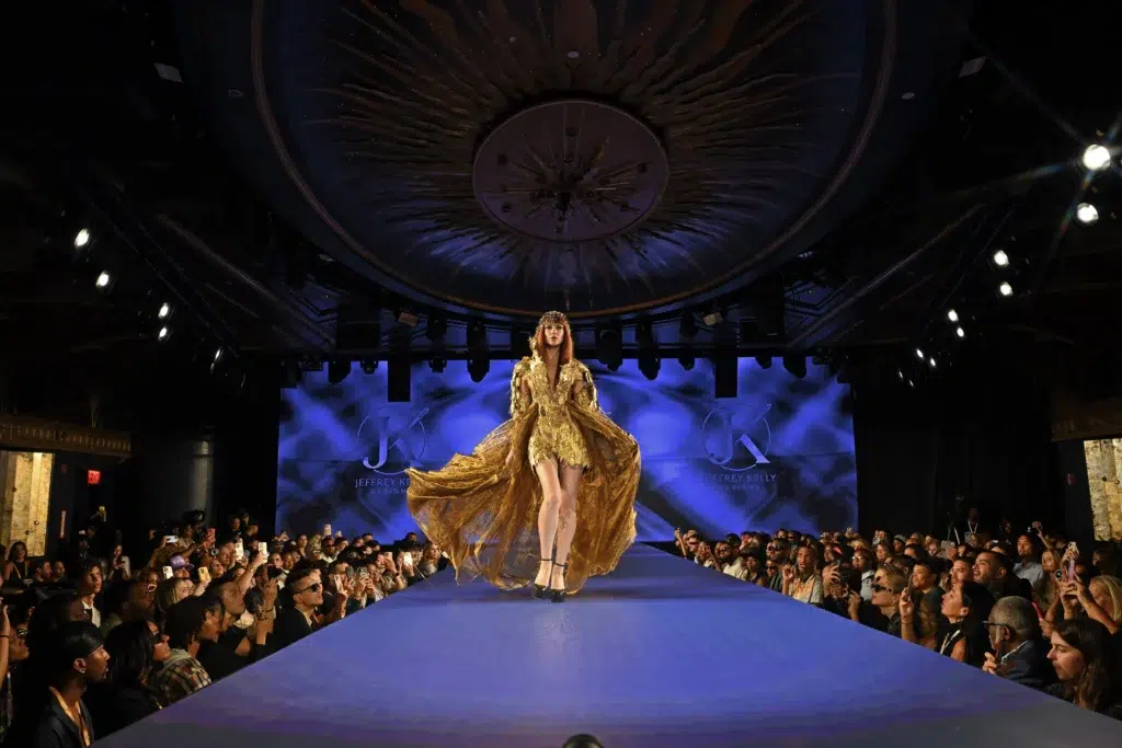 gold caped look on the Sony Hall runway