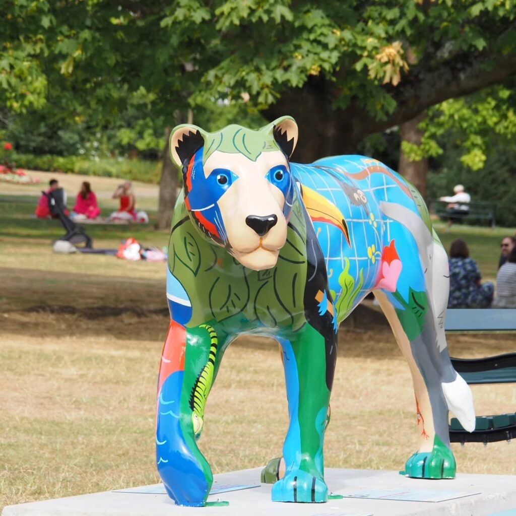 Heart of Oak lion and jungle-map lioness from the Pride of Yorkshire trail at Sheffield Botanical Gardens