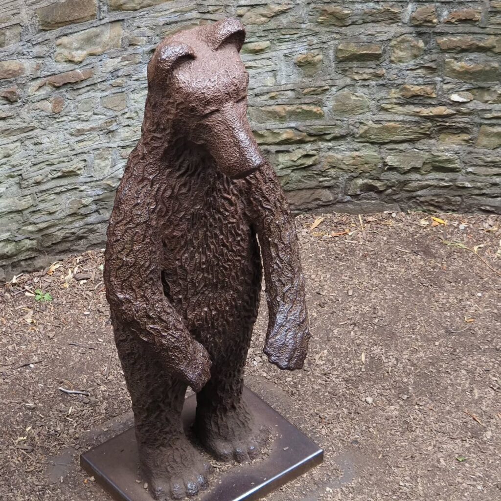 The Peter Pan fountain and the standing bear sculpture, permanent features at Sheffield Botanical Gardens