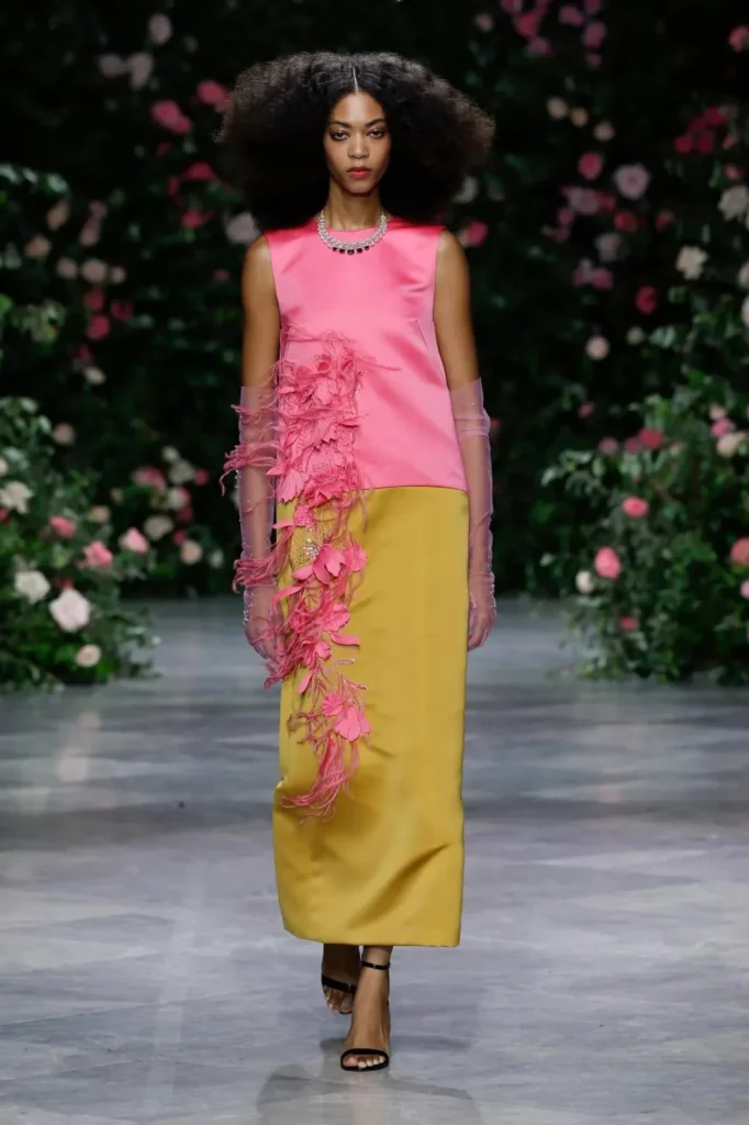 Look from the Bibhu Mohapatra Spring 2027 runway against the rose wall
