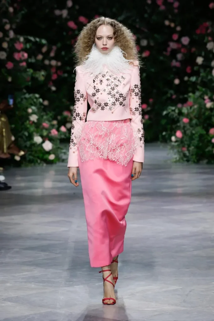 Look from the Bibhu Mohapatra Spring 2027 runway against the rose wall