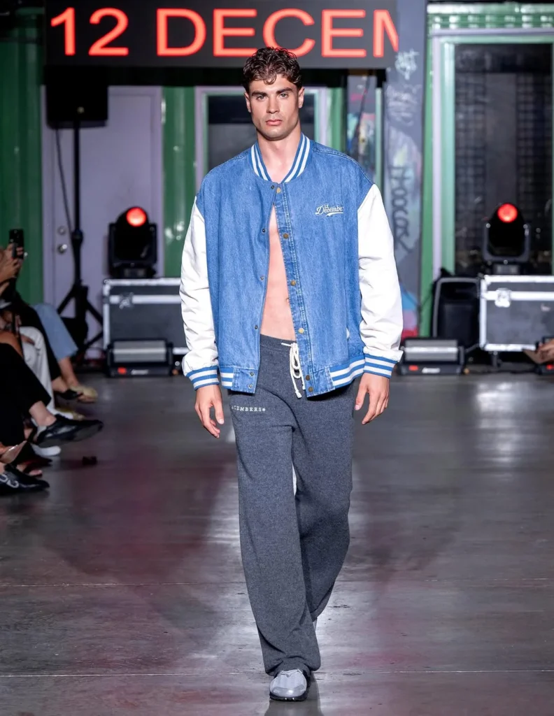 blue and white varsity-style denim jacket