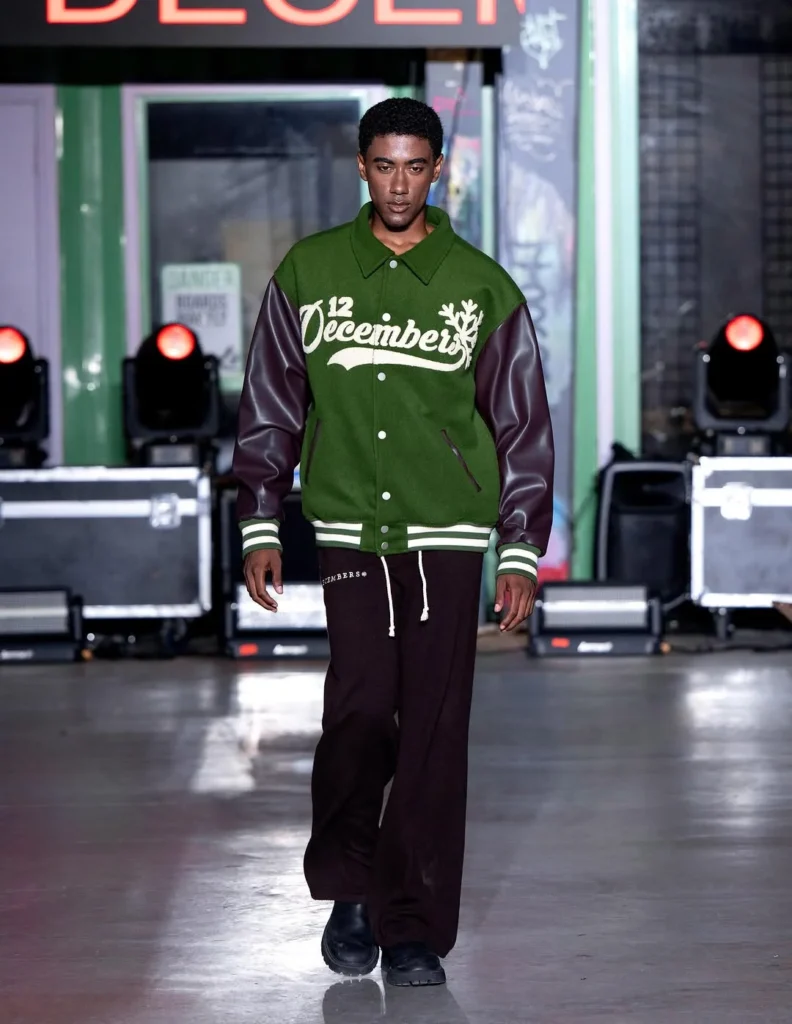 green wool varsity jacket with burgundy leather sleeves