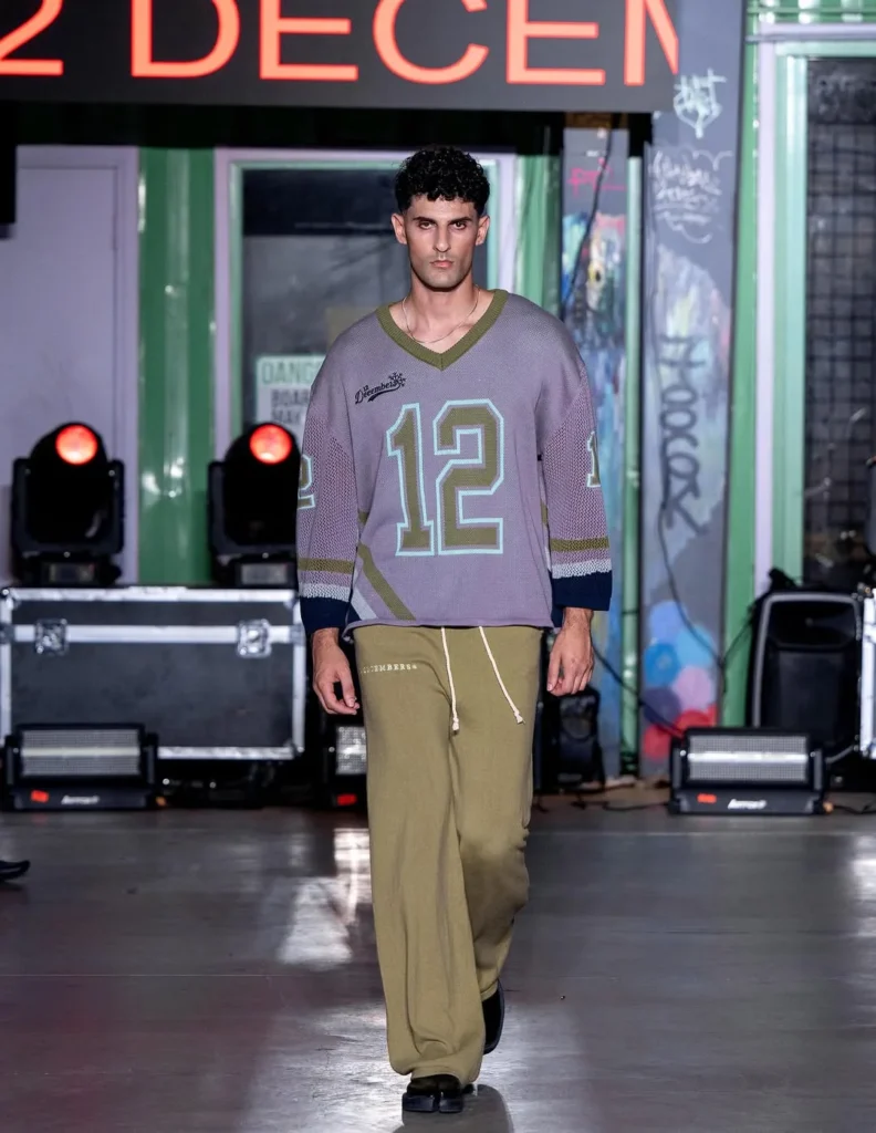 sage knit jersey with olive wide-leg trousers
