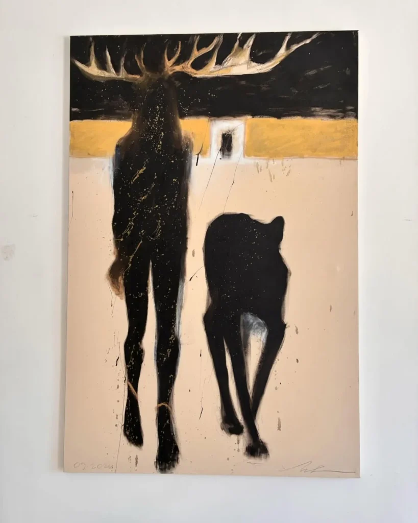 Melora Walters untitled painting dated September 2024 of an antlered figure beside a dog