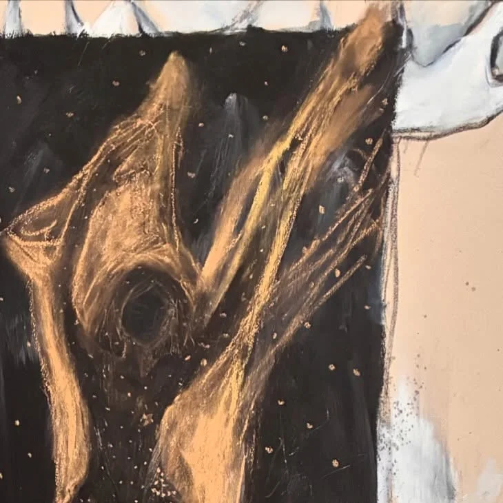 Detail of a Melora Walters painting showing a figure worked in gold paint
