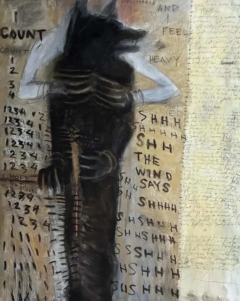 Melora Walters untitled painting with the handwritten text I count the wind says shhh