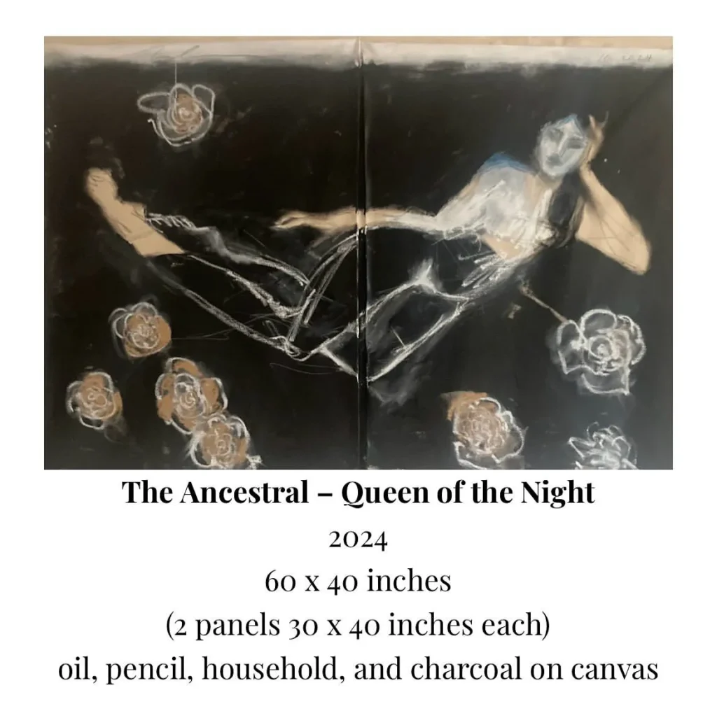 Melora Walters painting The Ancestral Queen of the Night, 2024, 60 by 40 inches in two panels