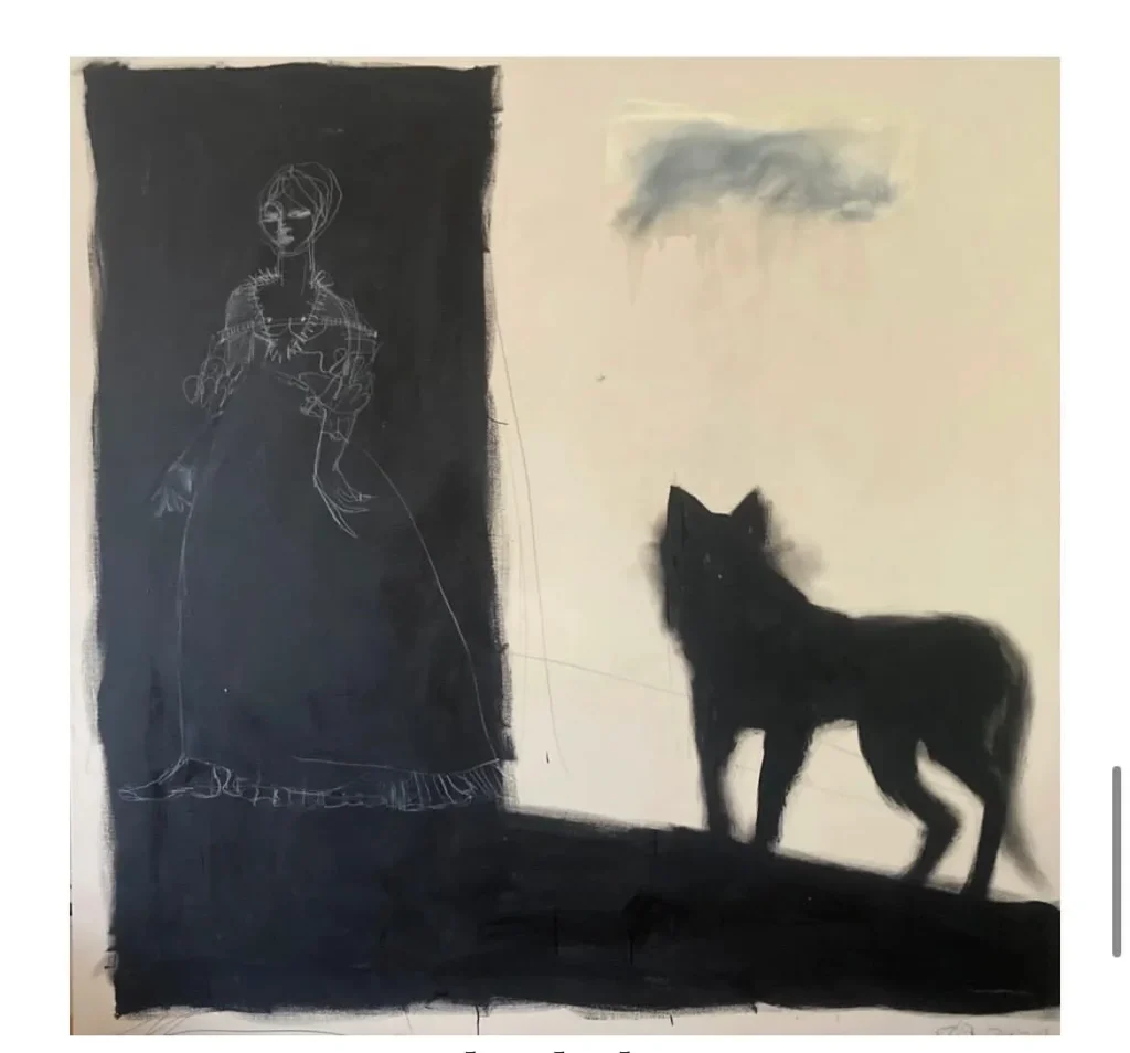 Melora Walters painting of a woman and a wolf standing together, untitled, from Ancestral the hour of the wolf